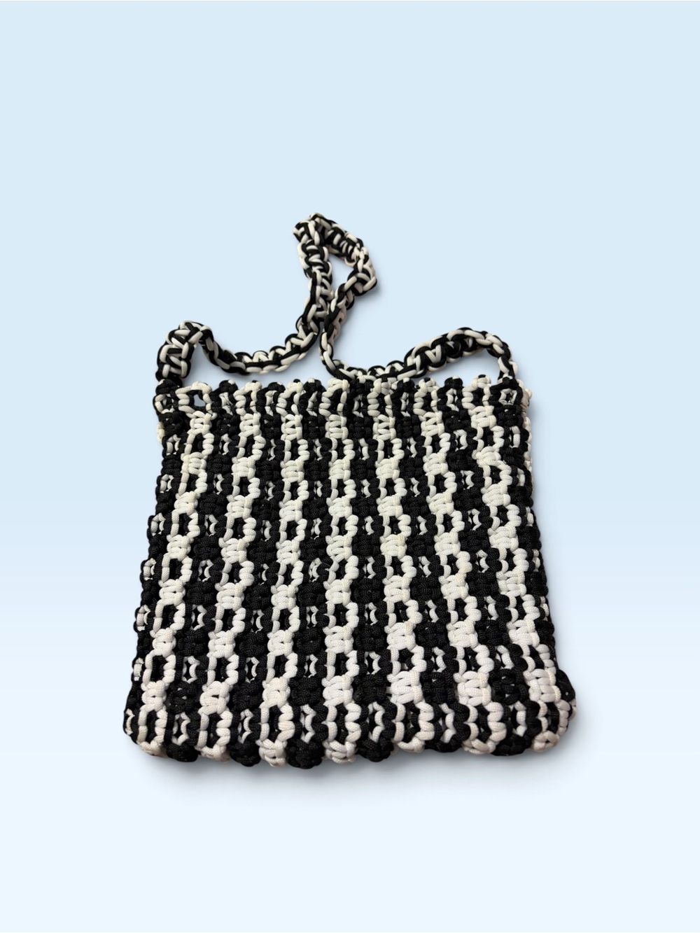 Black & White Crochet Tote Bag with Braided Strap